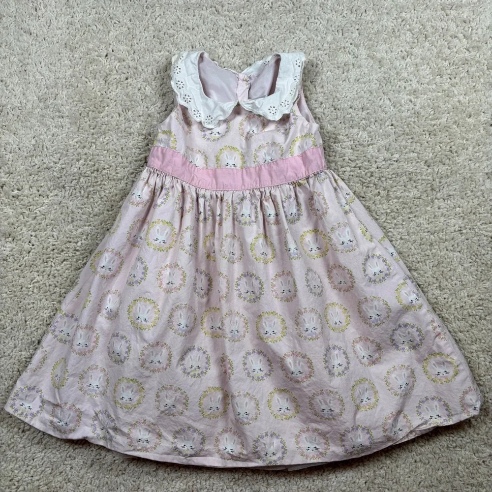 Gymboree Girls Pink Bunny Wreath Easter‎ Dress Eyelet Collar Size 6